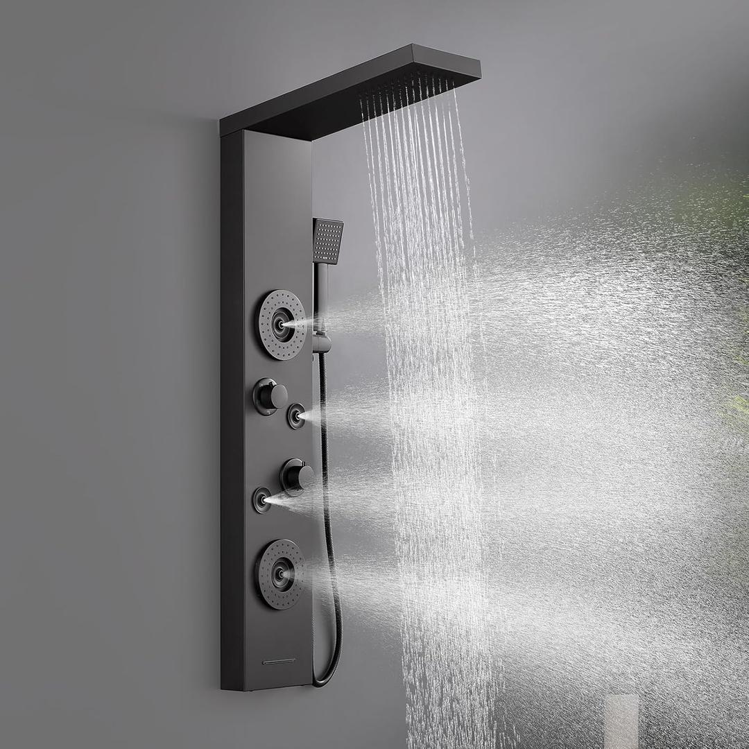 ROVATE Shower Panel Tower System with Rainfall Shower, Elegant Matte Black Shower Tower with Powerful Body Massage Jets, Handheld and Tub Spout, Stainless Steel Shower Column High Pressure