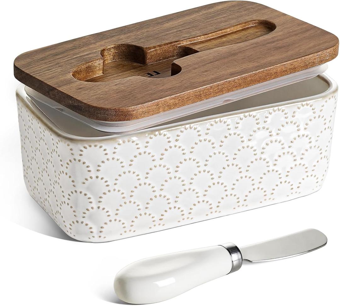 LE TAUCI Butter Dish with Lid for Countertop, Ceramic Butter Container with Acacia Wood lid, Knife, and Airtight Cover, Farmhouse Decor  Set of 1, Arctic White, Fireworks Design