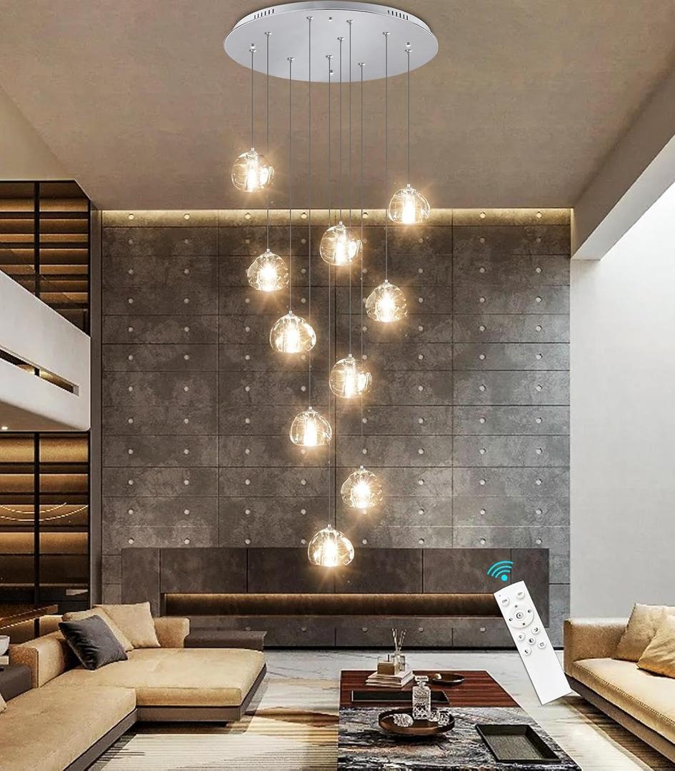 Modern Chandeliers for Dining Room Adjust High Ceiling Chandelier Light Fixtures Entrance LED Dimmable Ceiling Pendant Drops Light Remote Lights for Living Room Stairwell 2700K 6000K (Silver)