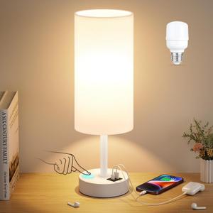 White Touch Bedside Lamp for Bedroom - 3 Way Dimmable Table Lamp with USB, Nightstand Lamp with White Charging Station for Desk Dorm, Girl Kids Room, Small (White & White)