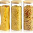 82 Oz Glass Storage Containers with Bamboo Lids, Square Glass Canister Sets Clear Glass Pantry Storage Containers with Lids for Cookie Flour Oat Pasta Tea Coffee Bean, Set of 3