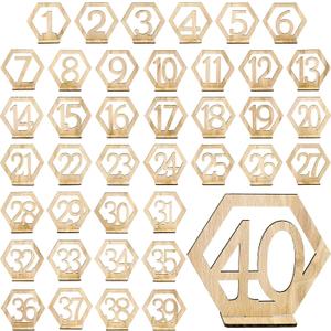 Blulu 40 Pieces Wooden Wedding Table Numbers Hexagon Shape 1-40 Rustic Hollow Wood Table Numbers with Holder Base Standing for Wedding Event Party Catering Decoration