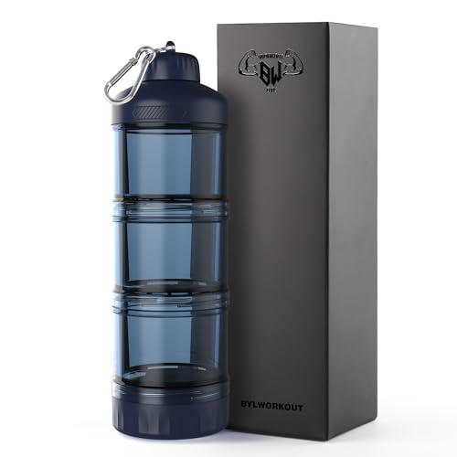 BYLWORKOUT 3-Layer Protein Powder Travel Container with Funnel and Keychain | Portable Food Storage Organizer for Gym, Fitness, Kitchen, Camping, Hiking, and Travel (Ink Blue)