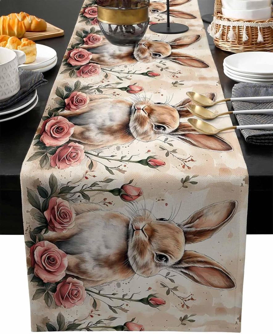 Spring Bunny Table Runner 90 Inches Long - Vintage Easter Rabbits Pink Rose Flower Kitchen Dining Burlap Linen Tablerunner for Small/Round/Square/Wedding/Coffee/Dining Table Party Home Dcor (Light Brown Rose Red Reddish Brown Khaki)