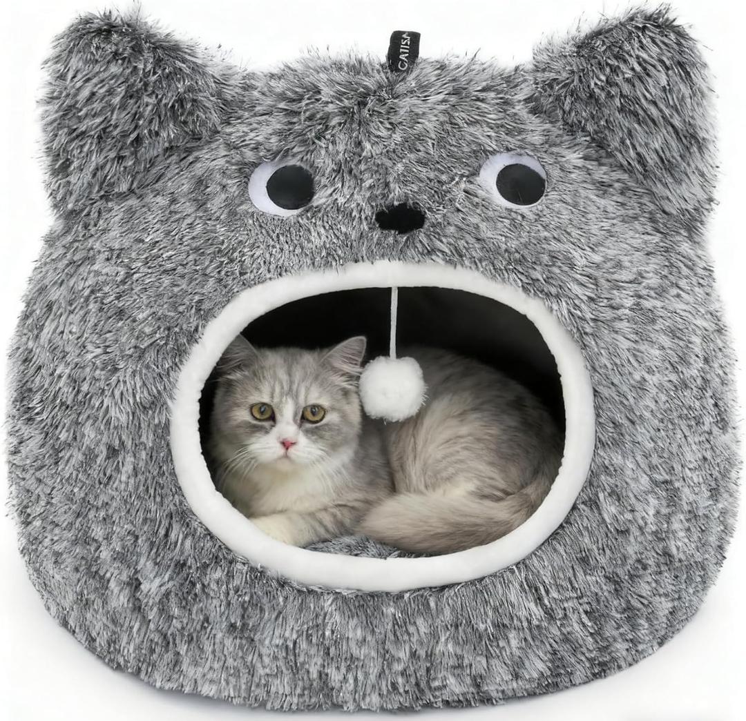 CATISM Cat Bed, Cat Beds for Indoor Cats - Kitten Bed Cave Washable, Soft Plush Hooded, Removable Pillow, Non-Slip Base, Large Cave for Kitty (Black)