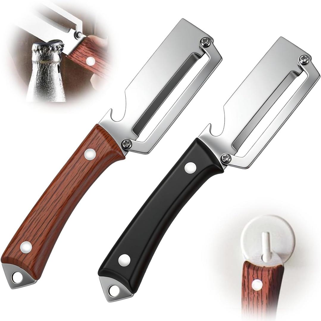 2Pcs Premium Vegetable Peeler with Wooden Handle and Bottle Opener,Multifunctional 3-in-1 Stainless Steel Kitchen Tool for various fruits and vegetables that require peelingBlack + Brown