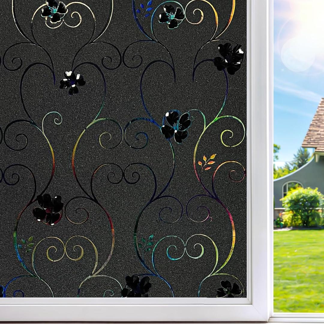 DUOFIRE Total Blackout Window Film, 100% Light Blocking Stained Glass Window Film Decorative, Flower Rainbow Windows Films Room Removable Static Cling Windows Cover for Home, 47.2 x 78.7 inches