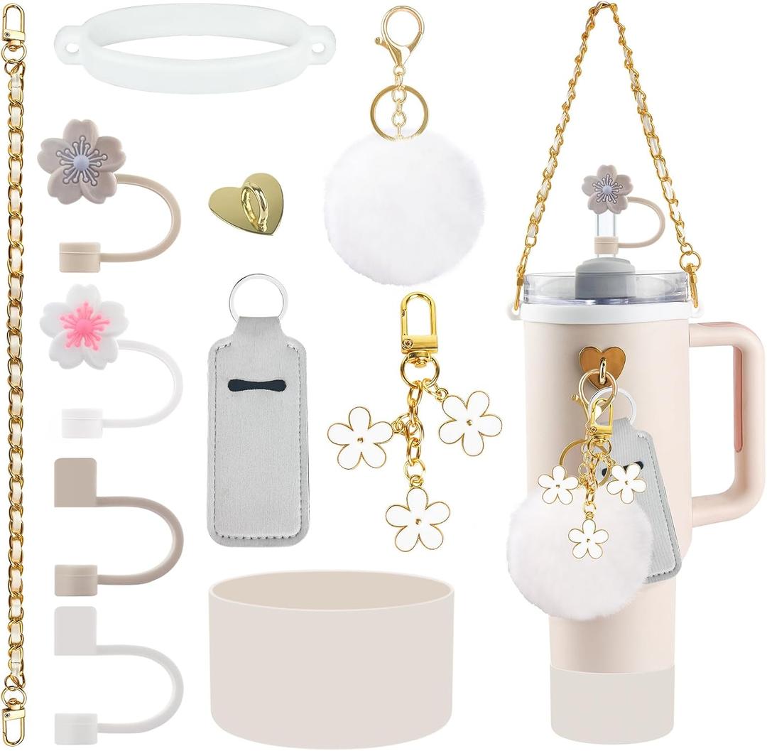 Velaco 11 PCS Accessories for Stanley Cup, Water Bottle Handle Strap for Stanley 30/40 oz tumbler with handle, including Straw Toppers, Silicone Cup Boot, Keychain Charms - White