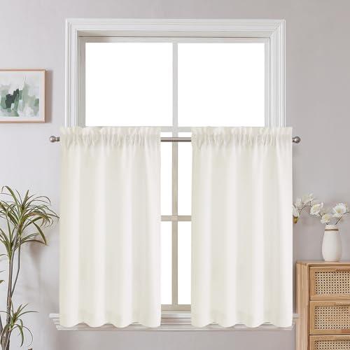 Short Curtains 36 Inch Length, Faux Linen Textured Small Kitchen Curtain, Light Filtering Yellowish Half Window Curtains for Basement Cabinet, Each 30x36 Inch