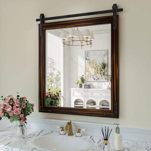 Farmhouse Bathroom Mirror, 24x30 Inch Black Brown Vanity Mirror for Wall, Wood Framed Rustic Mirror Rectangular Wall Decor Mirrors for Entryway Living Room Bedroom