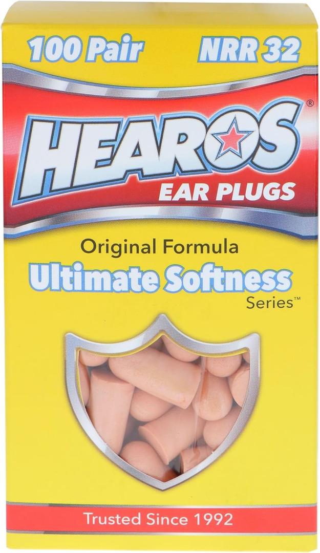 HEAROS Ultimate Softness Foam Disposable Earplugs, NRR 32, 100 Pair, PU Foam, Hearing Protection, Beige (5299)