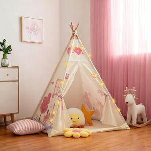 Teepee Tent for Kids, Play Tent with Padded Mat & Star Lights, Indoor Play Tent for Girls & Boys, Pink Unicorn (47*47*60in)