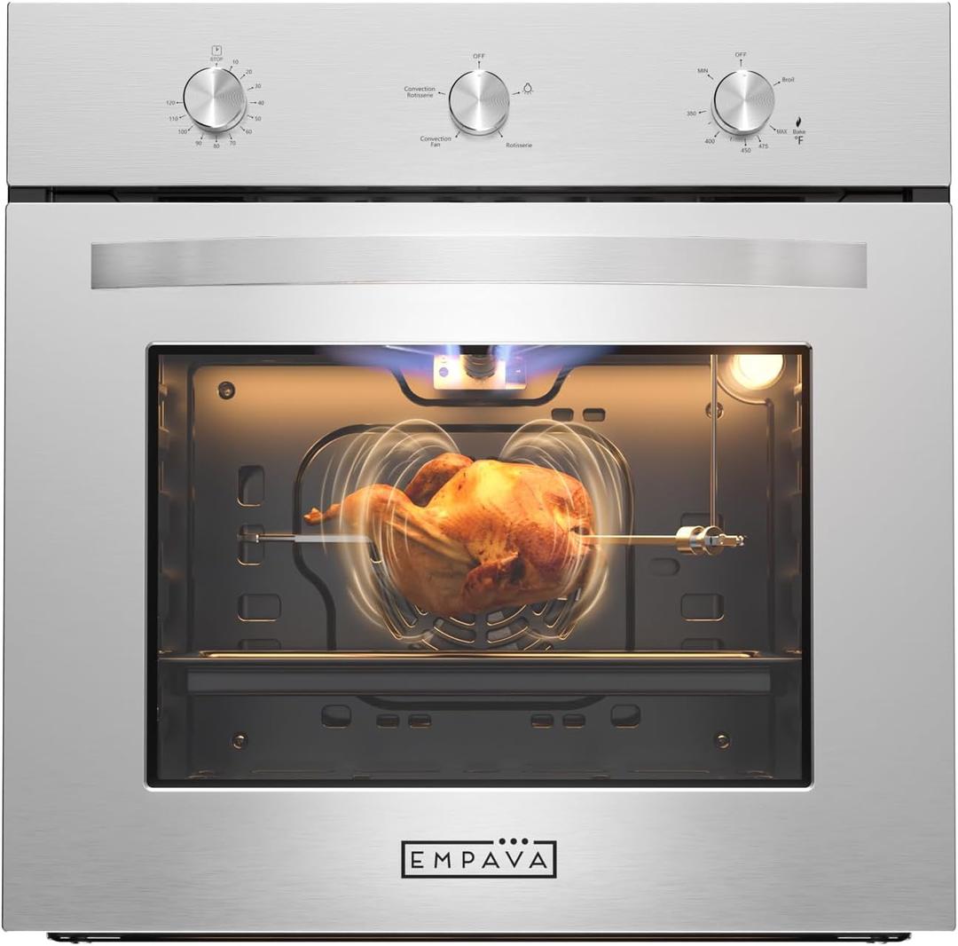 Empava 24 in. 2.3 cu. Ft. Single Gas Wall Oven Bake Broil Rotisserie Functions with Mechanical Controls-Built-in Timer-Convection Fan in Stainless Steel, Silver