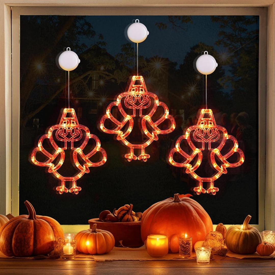 [Timer] 3 PCS Thanksgiving Turkey Decorations Window Lights, Battery Operated Thanksgiving Lights with Suction Cup, ThanksgivingTurkey Lights Decorations for Home Indoor Party Decor