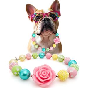 Hosiwei Princess Bubblegum Dog Collar Necklace, Chunky Beads (19mm) with Flower Charm Pet Collar | Adjustable Sparkling Pet Jewelry Accessory for Dogs, Daily Wear & Costume Parties (14-18 in)