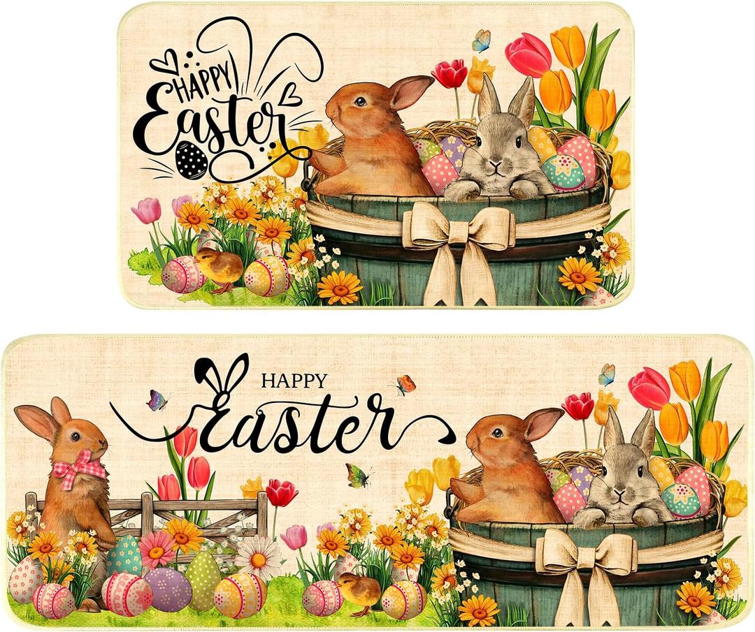 Nialnant Easter Kitchen Rugs Set of 2, Non Slip Kitchen Mats for Floor, Absorbent Rubber Kitchen Rugs, Low-Profile Easter Bunny Floral Kitchen Mat for Front of Sink 17'' x 47'' + 17'' x 30''