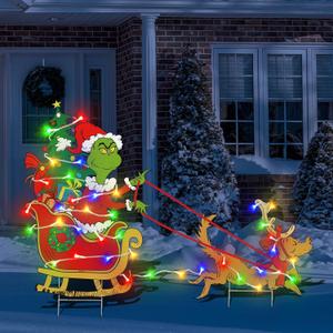 Outdoor Christmas Decorations for Yard - 2pcs Plastic Sleigh Dog Gnome Christmas Yard Signs with Yard Stakes, String Lights for Garden Yard Lawn Xmas Party Supplies