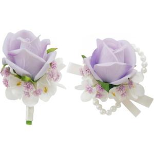 MAFELOE Boutonniere Corsage Set, Artificial Flowers Accessories for Wedding Prom Party Homecoming Celebration Suit Decorations-2 Pieces Ligth Purple/White