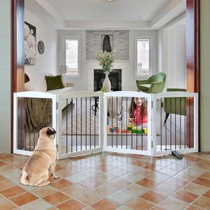 SFJC Freestanding Panel Dog Gate for Indoor, Doorways, Stairs, or Hallways - Foldable Wooden Pet Fence With Support Feet - 24" Height, 4 Panels, White