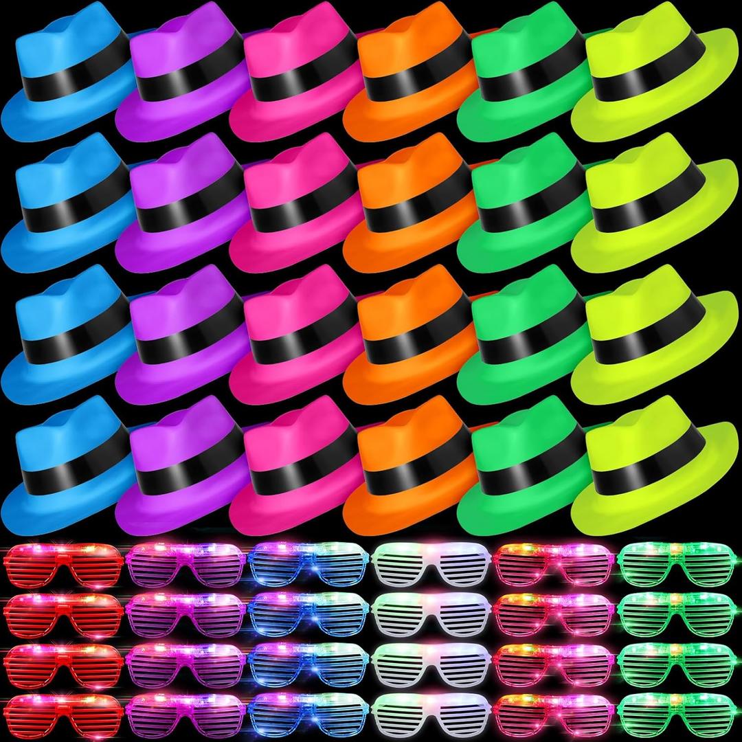 Maitys 48 Pieces Neon Party Supplies 24 Pack Neon Style Dress Hats with 24 Pack Flashing Plastic Light up Glasses for Glow Women Costume 80's Style Dressing up Party