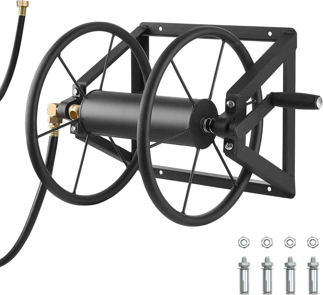 VEVOR Wall Mounted Garden Hose Reel, Holds 200 ft 5/8-inch Manual Water Hose Winder, Heavy-Duty Steel, Outdoor Reel with Brass Fitting & 5ft Leader Hose, Space Saving, for Yard Lawn Garage (Black)