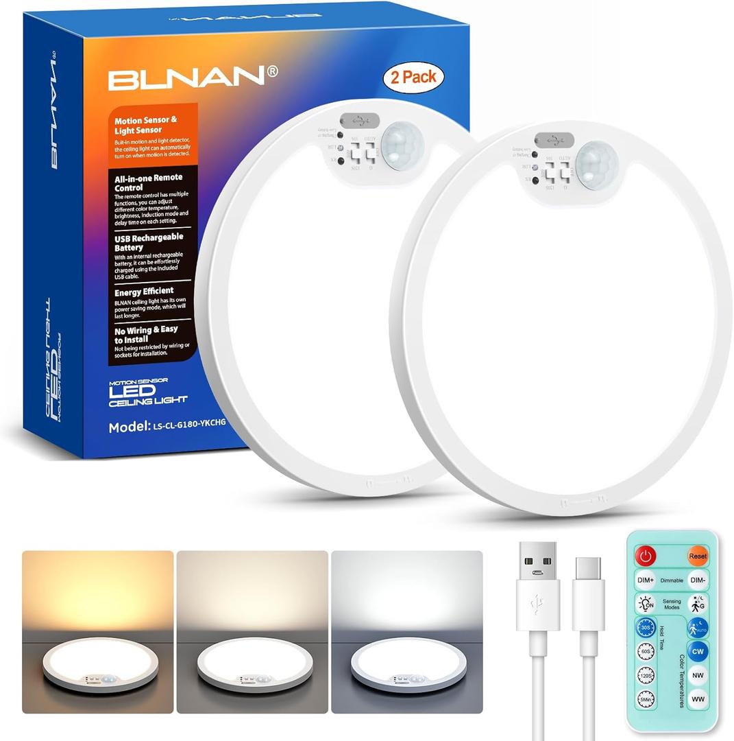 BLNAN Rechargeable Motion Sensor Ceiling Light with Remote, Battery Operated Ceiling Light, 3 Color Temperatures LED Shower Lights for Pantry, Stairs, Garage, Hallway, 2 Pack (White)