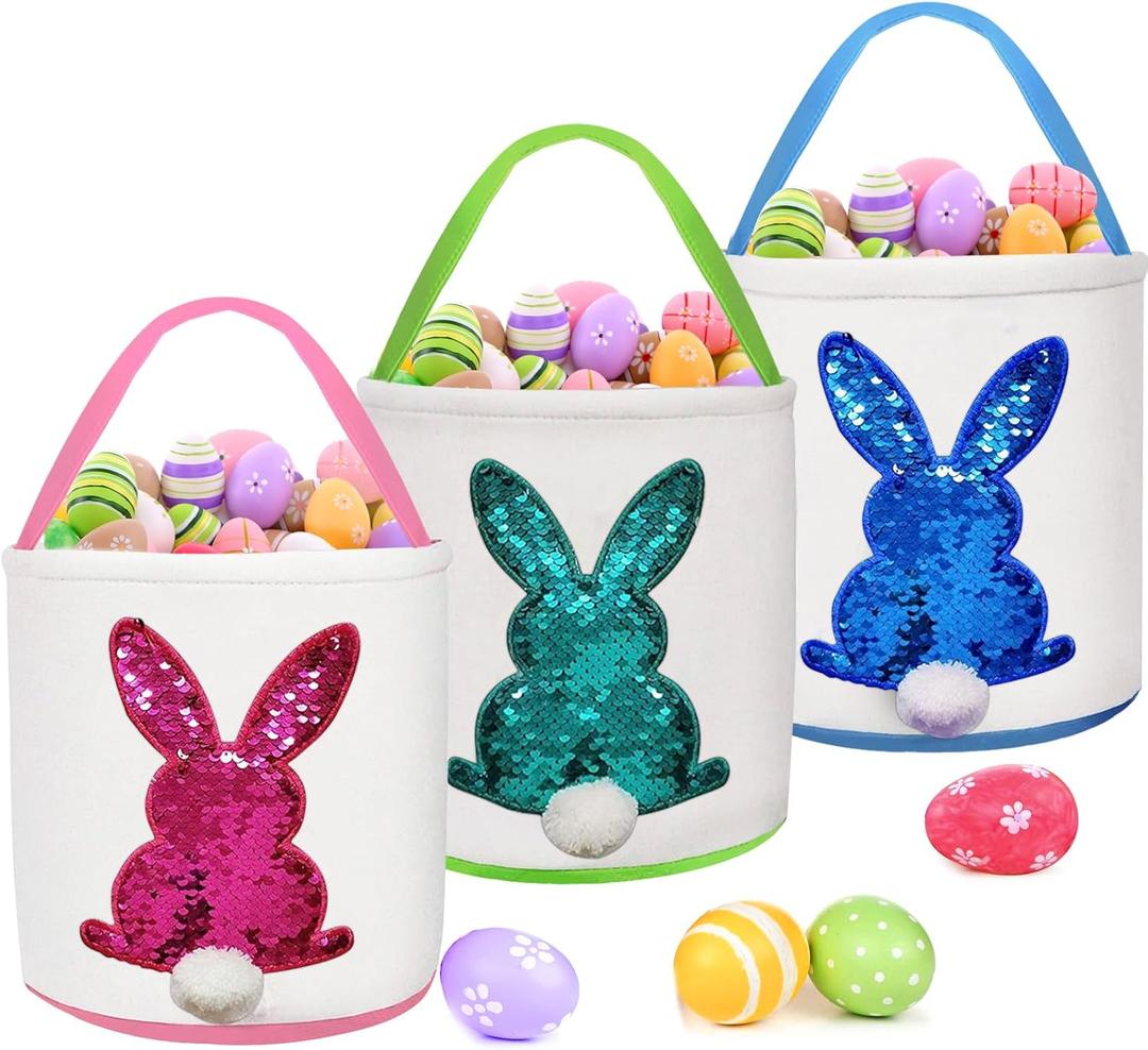 3 Pack Easter Eggs Baskets for Kids,Canvas Personalized Easter Bunny Baskets Bucket Tote Gifts Bags with Rabbit Fluffy Tail for Girls Boys Easter Eggs Hunt Easter Party Favors Decorations Toy