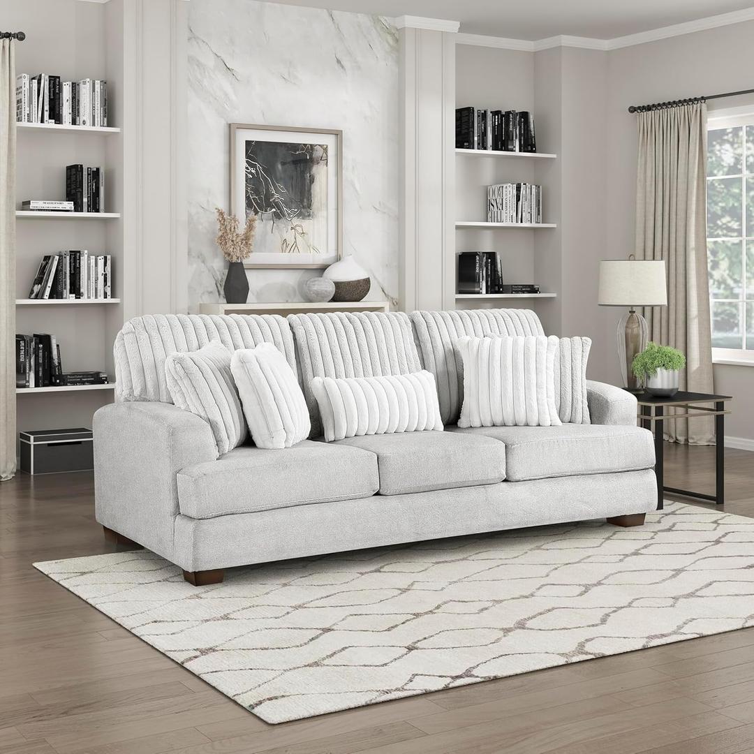 Lexicon Living Room Sofa, Modern Sofa Couch, Textured Microfiber & Corduroy Upholstered Sofa with Five Corduroy Pillows for Office/Living Room, Light Gray