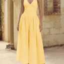 Wenrine Womens Halter V Neck Corset Maxi Dresses Summer Plaid Smocked Tie Back Backless Wedding Guest Drop Waist Dress (Yellow, L)