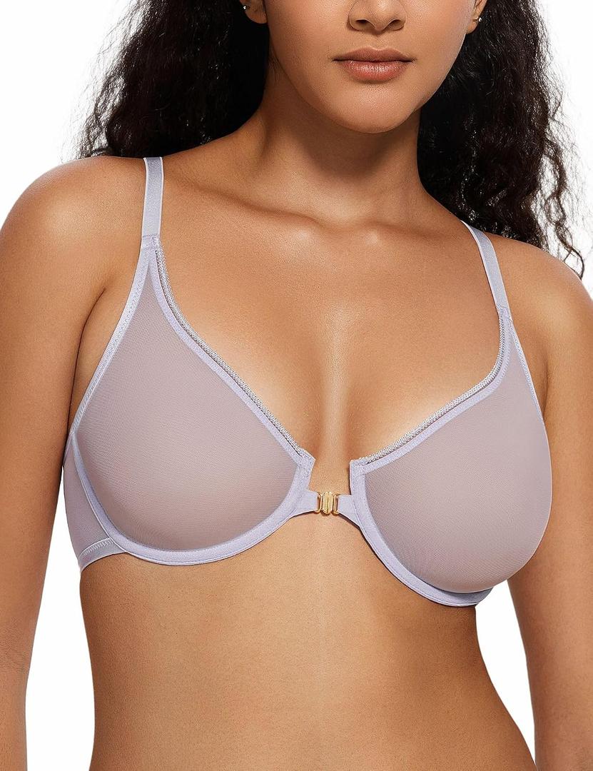 Deyllo Women's Front Closure Plunge Underwire Bra Mesh Unlined Racerback Bra for Everyday Wear (Purple)