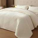 Queen Size Velvet Quilt Set, Ultra Soft 3 Pieces Bedding with 2 Pillow Shams, Lightweight All Seasons Reversible Coverlet Bedspread with Plaid Quilting, Cream White 90x96 Inches