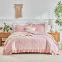Tufted Ruffle Comforter Set Twin Size, 3 Pieces Blush Pink Ruffled Farmhouse Comforters, Luxury Solid Soft and Embroidery Shabby Chic Boho Bohemian Bedding Set for Girls (1 Comforter + 2 Pillowcases)