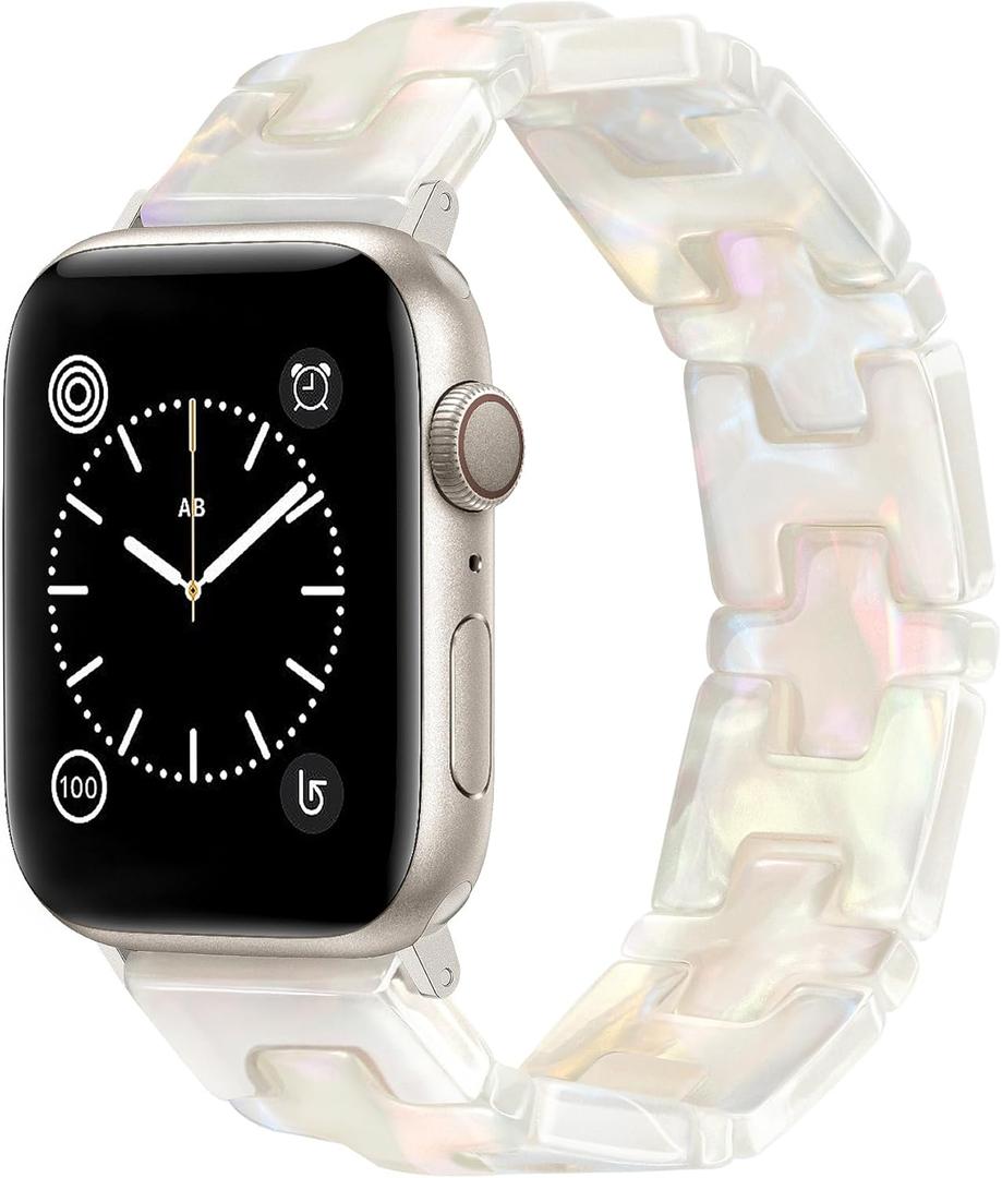 JR.DM Resin Stretchy Tortoise Fancy Beaded Bracelet Women Compatible with Apple Watch Band 42mm(S3/2/1) 44mm 45mm 46mm 49mm Strap Wristband for iWatch Series 11/10/9/8/7/6/5/4/3/2/1/SE/Ultra(M)