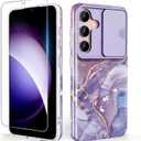 SHEDEER for Samsung Galaxy S25 Case, with Slide Camera Cover & Screen Protector, Chic Pattern, Shockproof 360 Degree Protective Slim Thin Phone Case Cover for Galaxy S25, River Purple