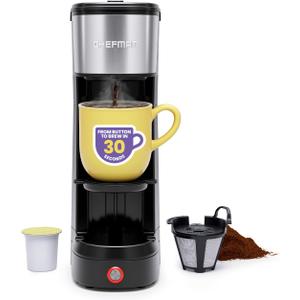 Chefman InstaCoffee Max, The Easiest Way to Brew the Boldest Single-Serve Coffee, Use Fresh And Flavorful Grounds or K-Cups With A Convenient Built-In Lift, Black/Stainless Steel