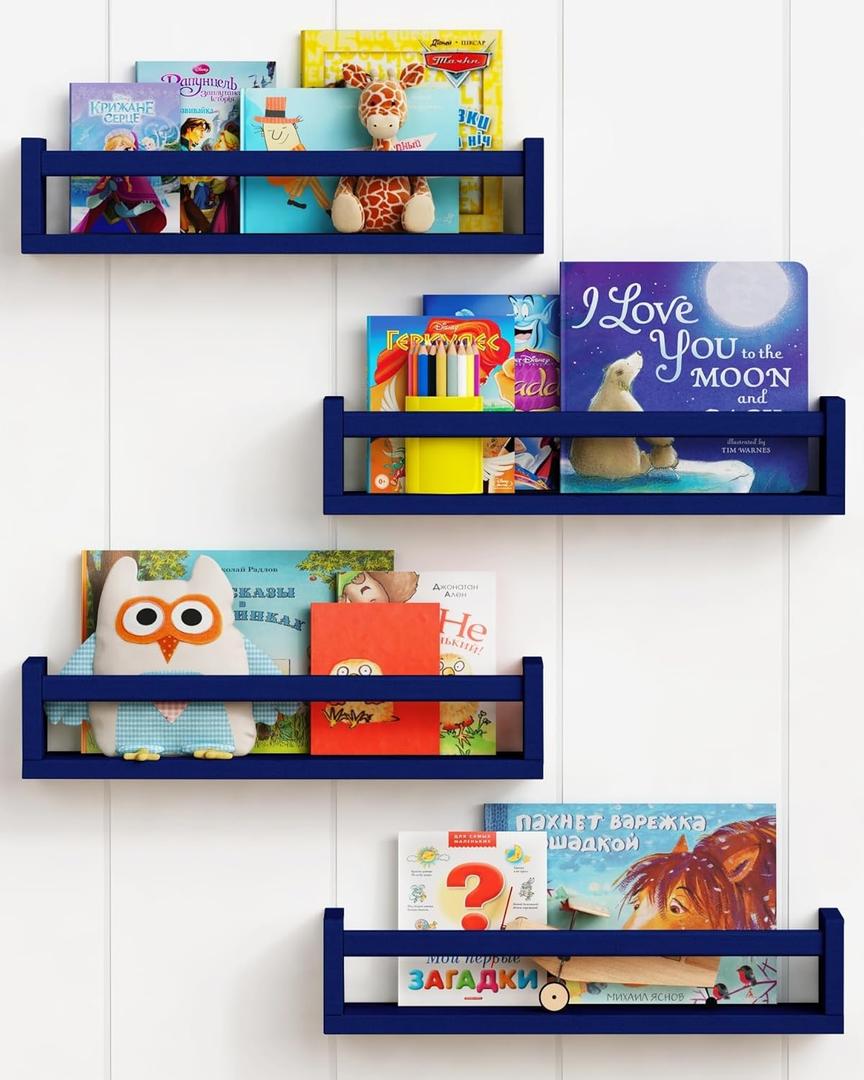 Forbena Navy Blue Floating Book Shelves for Nursery Boy, Decorative Wall Bookshelf for Kids Room, Small Wood Floating Shelves Wall Mounted for Boys Bedroom Bathroom (Set of 4, Blue) (16.5 Inch)