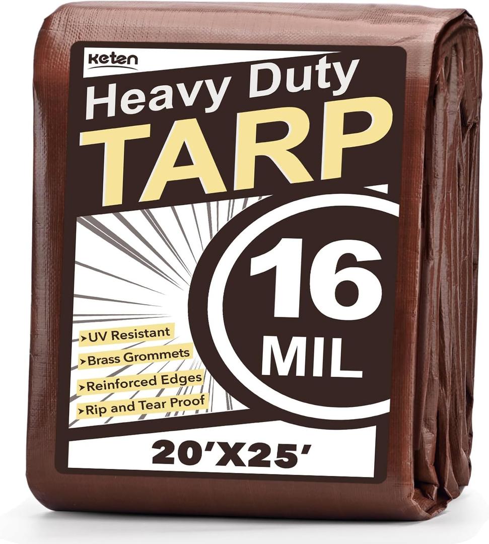 Keten Tarps Heavy Duty Waterproof 20X25 Feet, Extra Thick 16 Mil, Tear & Fade Resistant, UV Blocking, Outdoor Tarp with Reinforced Grommets for Roof, Camping, Patio, Pool, Boat (Brown/Silver)