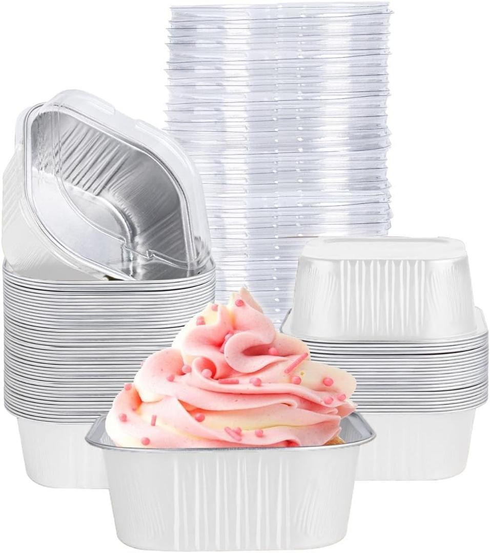 40 Pack Mini Cake Pans with Lids, 5oz Square Aluminum Foil Brownie Baking Cups, Muffin Tin Ramekins, Disposable Dessert Cupcake Cups for Wedding Birthday Party, White