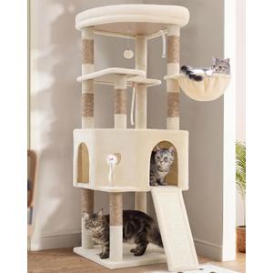 Cat Tree, 61 Inch Tall Cat Tower, Diamond-Shaped Cat Condo with Wide Top Perch & Basket, Sturdy Scratching Post, Interactive Toy for Large Indoor Cats, Beige VCT001MJ