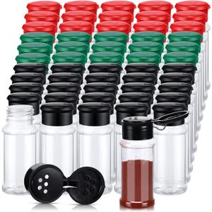 Amyhill 100 Pcs Plastic Spice Bottles Spice Jars Seasoning Jars Shaker Plastic Jars 3.3 Oz/ 100ml Seasoning Shaker with Shaker Lids(Green, Red, Black Lid)