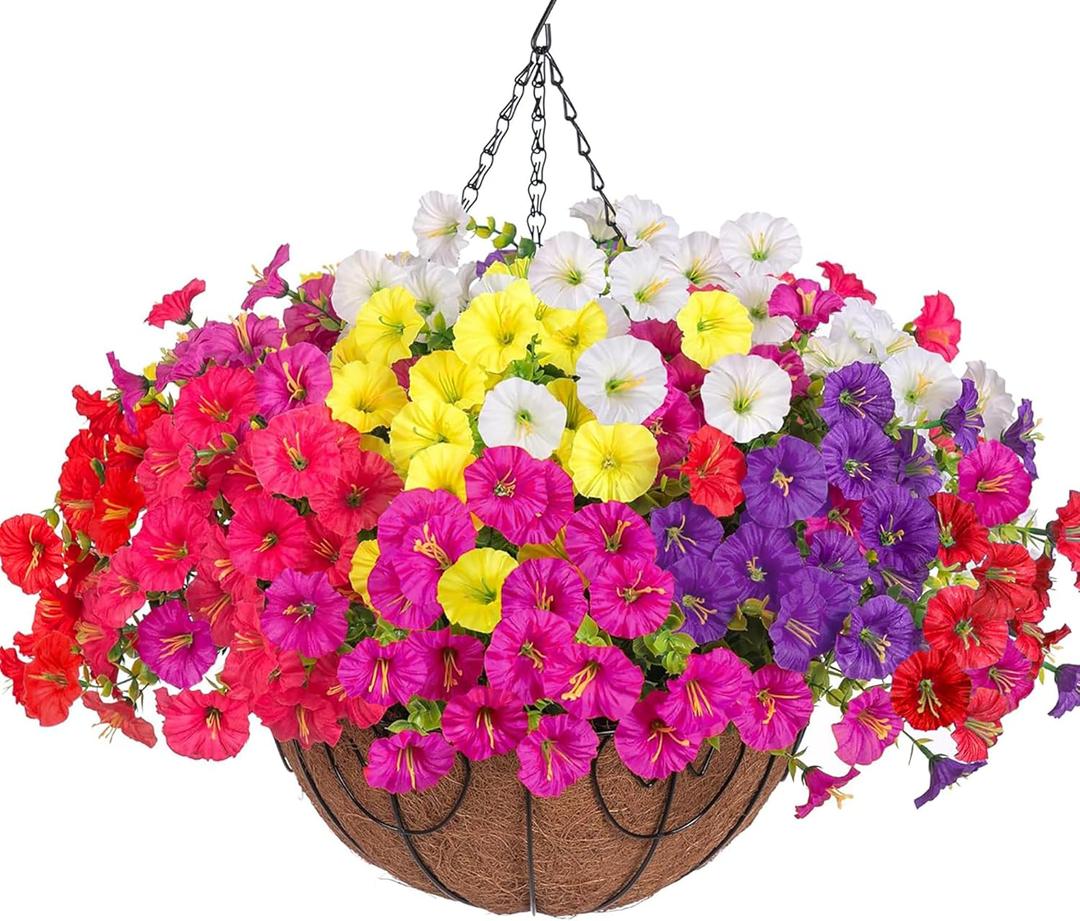Artificial Fake Hanging Flowers Plants Baskets for Outdoor Spring Summer Decoration, Faux Silk Morning Glory in Planter UV Resistant Realistic for Home Outside Porch Patio Balcony Garden Yard (12 Bundles)