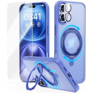 JUESHITUO 3 in 1 for iPhone 16 Case, 360° Rotatable Magnetic Ring Stand with [Rotary Damping Sound] [1X Screen Protector + 1X Camera Lens Protector] Shockproof Slim Phone Cover 6.1", Ultramarine
