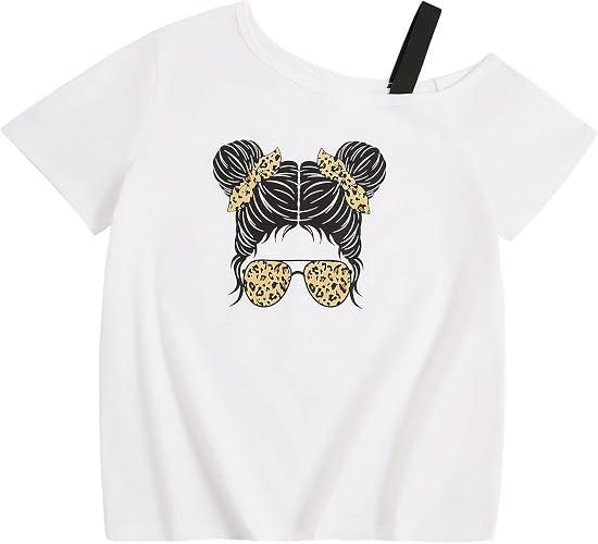 SHENHE Girl's Summer Graphic Tee Cut Out Shoulder Short Sleeve Asymmetrical Tshirt Top White 11Y