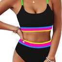 BMJL Women's High Waisted Bikini Ribbed Two Piece Swimsuit High Cut Color Block Adjustable Straps Bathing Suit (X-Large, Rainbow Black Pink043)