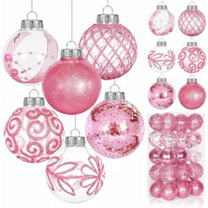 Unves 30 Pcs Pink Christmas Ornaments, 60mm/2.36" Pink Ornaments for Christmas Tree Decorations Set, Farmhouse Rustic Holiday Hanging Xmas Ball for Home Party Decor