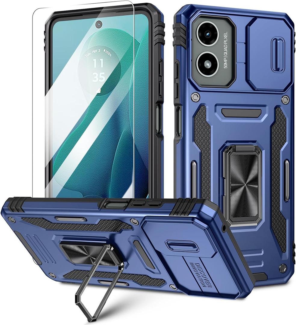 Maxdara for Moto G 5G 2024 Stand Case - Slide Camera Cover, Ring Kickstand, Tempered Glass Screen Protector - Heavy Duty Shockproof Cover, Navy Blue