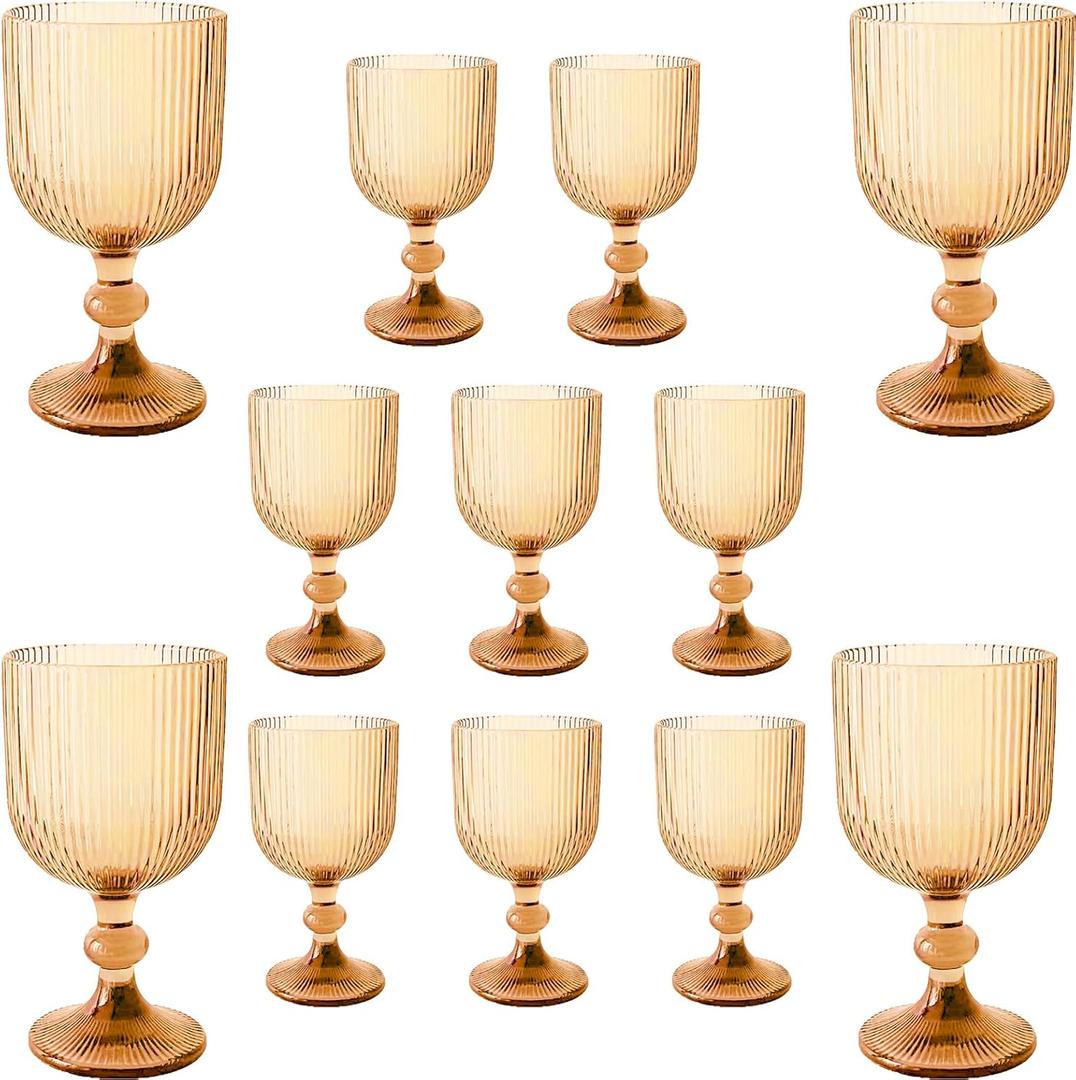 12 Pcs Vintage Wine Glasses, 11 Ounces Colored Glass Water Goblets, Colorful Unique Embossed Pattern High Clear Stemmed Glassware Wedding Party Bar Glass Drinking Cups Vertical Line Amber Set of 12