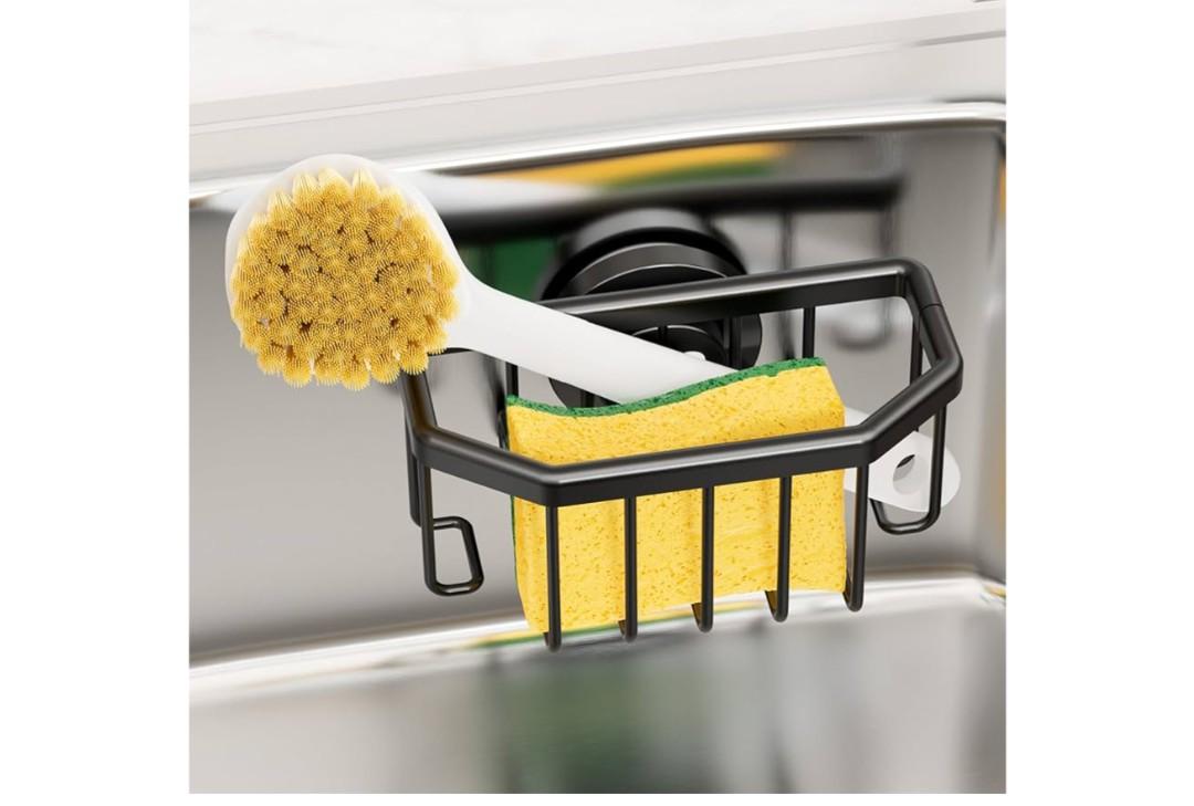TAILI Sponge Holder with Strong Suction Cup, Dish Sponge Caddy Inside Sink Removable, Rustproof Aluminum for Sponges, Brushes, Stoppers and Scrapers - Black