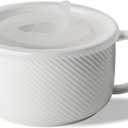 Oversized Soup Bowl with Handle: 38 oz Ceramic Soup Mug with Lid - Microwave Safe Jumbo Food Storage Container for Ramen Cereal Breakfast Meal Prep Office Lunch Dorm Living - White 6 Inch