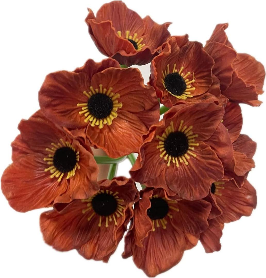Rikyo 10 Stem 11inch Bouquets Artificial Flowers Poppy Flowers,Faux Anemone PU Fake Wild Flowers for Kitchen Table Centerpiece Vase,Home Wedding Holding Flowers Backdrop Arch Wall (Brown)